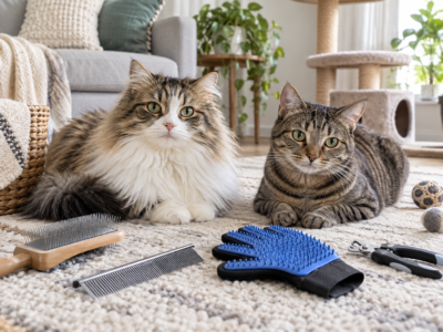 Cat being groomed at home with a grooming brush