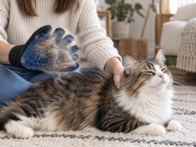 Cat grooming glove removing loose fur from a cat