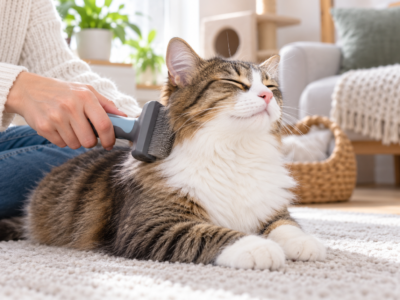 Cat being groomed at home with a grooming brush